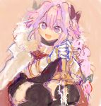  1boy :d abstract astolfo_(fate) bangs black_bow black_legwear black_shirt black_skirt bow braid cloak dot_nose drawr fate/apocrypha fate_(series) gauntlets gnsi gold_trim gorget hair_bow hair_intakes hands_up long_hair male_focus open_mouth otoko_no_ko pencil_skirt pink_background pink_hair raised_eyebrows shirt single_braid sketch skirt smile solo squatting thigh-highs violet_eyes 