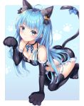  1girl :3 absurdres ahoge all_fours animal_ear_fluff animal_ears bare_shoulders bell black_choker black_gloves black_legwear black_leotard blue_eyes blue_hair blue_ribbon blush breasts cat_ears cat_tail choker cleavage closed_mouth collarbone dangmyo elbow_gloves frills gloves halloween_costume halterneck highres jingle_bell king&#039;s_raid leotard lilia_(king&#039;s_raid) long_hair looking_at_viewer paw_background paw_gloves paws ribbon sidelocks small_breasts smile solo tail tail_ribbon thigh-highs thighs v-shaped_eyebrows 