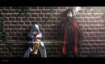  add_(lord_el-melloi_ii) against_wall black_gloves black_hair blue_eyes brick_wall cage cigar cloak fate_(series) gloves gray_(lord_el-melloi_ii) grey_hair hood hooded_cloak kibou letterboxed lord_el-melloi_ii lord_el-melloi_ii_case_files scarf signature smoking waver_velvet 