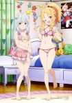  2girls ;d absurdres ass_visible_through_thighs bare_legs barefoot bikini bikini_skirt blonde_hair blue_eyes blush bow breasts brown_eyes dengeki_bunko embarrassed eromanga_sensei frilled_bikini frills front-tie_bikini front-tie_top hair_bow highres index_finger_raised indoors izumi_sagiri knees_together_feet_apart long_hair low-tied_long_hair multiple_girls navel official_art one_eye_closed open_mouth pink_bikini pointy_ears ponytail ringlets sawada_kenji_(artist) scan side-tie_bikini sidelocks silver_hair small_breasts smile standing standing_on_one_leg string_bikini striped striped_bikini swimsuit tiv upper_teeth yamada_elf 