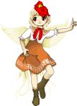  1girl animal animal_on_head bird bird_on_head bird_tail bird_wings blonde_hair boots chicken dress eyebrows_visible_through_hair full_body hand_on_hip multicolored_hair neck_ribbon niwatari_kutaka on_head oota_jun&#039;ya orange_dress outstretched_arm puffy_short_sleeves puffy_sleeves red_eyes redhead ribbon short_hair short_sleeves solo standing standing_on_one_leg touhou transparent_background wily_beast_and_weakest_creature wings 