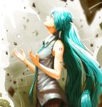  1girl closed_eyes crying green_hair hachijuu hatsune_miku highres long_hair necktie number_tattoo ponytail solo tattoo tears vocaloid 