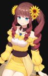  1girl blue_eyes breasts brown_hair dress drill_hair eyebrows_visible_through_hair flower full_body hair_flower hair_ornament hb_(qwqw1697) highres holding holding_staff jewelry long_hair long_sleeves looking_at_viewer medium_breasts necklace original solo staff sunflower_hair_ornament yellow_dress 