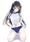  1girl :o black_hair blue_buruma blush breasts buruma commentary_request covered_navel eyebrows_visible_through_hair full_body gym_shirt gym_uniform hair_ornament hairclip head_tilt highres kneeling kobayashi_chisato lifted_by_self long_hair looking_at_viewer original pantyhose pantyhose_under_buruma parted_lips shiny shiny_hair shirt shirt_lift short_sleeves simple_background small_breasts solo straight_hair thighband_pantyhose torn_clothes torn_legwear very_long_hair violet_eyes white_background white_legwear white_shirt 