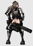 1girl armor armored_boots black_gloves boots brown_eyes brown_hair full_body gloves grey_background groin gun helmet highres holding holding_gun holding_weapon ihobus jacket leotard long_hair original simple_background solo weapon 