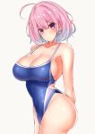  1girl ahoge arms_behind_back bangs bare_shoulders blue_hair blue_swimsuit blush breasts cleavage closed_mouth collarbone covered_navel highleg highleg_swimsuit highres idolmaster idolmaster_cinderella_girls large_breasts looking_at_viewer multicolored_hair one-piece_swimsuit pill_earrings pink_eyes pink_hair sankakusui short_hair simple_background solo swimsuit two-tone_hair white_background yumemi_riamu 