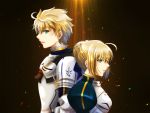  1boy 1girl ahoge arthur_pendragon_(fate) artoria_pendragon_(all) back-to-back black_background blonde_hair braided_bun breastplate chi_wa fate/prototype fate/stay_night fate_(series) green_eyes parted_lips profile saber short_hair shoulder_armor type-moon upper_body 
