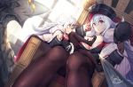  2girls azur_lane bangs black_headwear black_legwear blush breasts cape cleavage eyebrows_visible_through_hair fur_trim gloves graf_zeppelin_(azur_lane) hair_between_eyes hat highres indoors iron_cross large_breasts long_hair long_sleeves looking_at_viewer mappaninatta military_hat multiple_girls open_mouth pantyhose peaked_cap pleated_skirt red_eyes silver_hair sitting skirt very_long_hair younger zeppelin-chan_(azur_lane) 