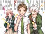  1girl 2boys ahoge beige_skirt black_jacket blush breasts brown_hair collarbone commentary_request dangan_ronpa dated green_jacket green_neckwear happy happy_birthday hinata_hajime holding hood hooded_jacket jacket komaeda_nagito large_breasts long_sleeves medium_hair miyuzu multiple_boys nanami_chiaki necktie pants pink_neckwear pink_ribbon pleated_skirt ribbon shirt short_hair short_sleeves skirt smile super_dangan_ronpa_2 sweatdrop white_hair white_shirt 