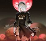  1girl black_dress black_hairband blindfold_removed breasts cleavage_cutout clenched_hands closed_eyes commentary dress english_commentary feather-trimmed_sleeves full_moon hairband highres ioshkun juliet_sleeves long_sleeves medium_breasts mole mole_under_mouth moon nier_(series) nier_automata no_blindfold no_bra puffy_sleeves red_moon robot sheer_legwear side_slit signature silver_hair solo thigh-highs thighhighs_under_boots watermark web_address yorha_no._2_type_b 