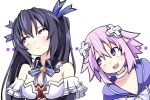  2girls bangs bare_shoulders blush breasts choujigen_game_neptune cleavage d-pad d-pad_hair_ornament eyebrows_visible_through_hair hair_ornament hair_ribbon hood hood_down kurozero long_hair medium_breasts multiple_girls neptune_(neptune_series) neptune_(series) noire purple_hair red_eyes ribbon rolling_eyes short_hair twintails violet_eyes 