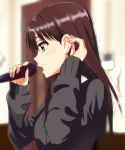  1girl adjusting_hair brown_hair earrings from_side green_eyes grey_sweater highres holding holding_microphone idolmaster idolmaster_cinderella_girls jewelry long_hair long_sleeves microphone open_mouth profile shibuya_rin shiki_(0802makimari) shiny shiny_hair solo sweater upper_body 