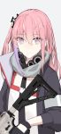  1girl absurdres ar-15 bangs black_gloves black_jacket commentary dress eyebrows_visible_through_hair girls_frontline gloves grey_background gun hair_between_eyes hair_ornament highres holding holding_gun holding_weapon jacket long_hair looking_at_viewer mikoto_(oi_plus) object_namesake one_side_up open_clothes open_jacket pink_hair rifle simple_background solo st_ar-15_(girls_frontline) upper_body violet_eyes weapon white_dress 
