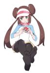  1girl black_legwear brown_hair closed_mouth creatures_(company) double_bun game_freak green_eyes holding holding_poke_ball ixy legwear_under_shorts long_hair looking_at_viewer mei_(pokemon) nintendo pantyhose poke_ball pokemon pokemon_(game) pokemon_bw2 raglan_sleeves shorts simple_background sitting smile solo twintails visor_cap white_background yellow_shorts 