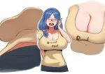  1girl arm_behind_back blue_hair breasts cleavage closed_eyes embarrassed glasses highres kion-kun large_breasts little_witch_academia long_hair navel open_mouth short_sleeves smile upper_body upper_teeth ursula_charistes white_background 