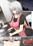  1girl ahoge apron black_shirt breasts closed_mouth collarbone cooking eyebrows_visible_through_hair fate/grand_order fate_(series) food frying_pan ginhaha hair_between_eyes indoors jeanne_d&#039;arc_(alter)_(fate) jeanne_d&#039;arc_(fate)_(all) kitchen large_breasts moon night night_sky plate shirt short_hair short_sleeves silver_hair sky steak stove yellow_eyes 