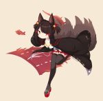  1girl absurdres akagi-chan_(azur_lane) akagi_(azur_lane) animal_ears azur_lane bell black_kimono breasts brown_hair brown_legwear cleavage commentary fox_ears fox_girl fox_tail hair_bell hair_ornament hakama_skirt highres japanese_clothes kimono looking_at_viewer medium_breasts multiple_tails pleated_skirt red_eyes red_skirt skirt solo tail twintails wide_sleeves younger 