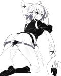  2girls ahoge ass bangs bodysuit boots closed_mouth commentary_request eyebrows_visible_through_hair fate/grand_order fate_(series) fujimaru_ritsuka_(female) greyscale hair_between_eyes hair_ornament hair_scrunchie hug jacket knee_boots looking_at_viewer looking_back mash_kyrielight monochrome multiple_girls one_side_up panties pleated_skirt polar_chaldea_uniform ririko_(zhuoyandesailaer) scrunchie shoe_soles short_hair short_sleeves simple_background skirt solo_focus sweatdrop underwear uniform v-shaped_eyebrows white_background x_x 
