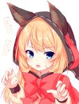  1girl :d animal_ears bangs beniya_ria blonde_hair blue_eyes blush bow brown_shirt check_translation claw_pose commentary_request ears_through_headwear eyebrows_visible_through_hair fang fingernails hair_between_eyes hands_up highres hood hood_up long_hair long_sleeves looking_at_viewer open_mouth puffy_long_sleeves puffy_sleeves red_bow ribbon-trimmed_hood ribbon_trim ryuuseigun_project shirt smile solo translation_request virtual_youtuber white_background wolf_ears yuku_(kiollion) 