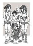  5girls bangs bike_shorts blush_stickers boots braid captured_alien chi-hatan_military_uniform closed_mouth commentary cross-laced_footwear crossed_arms elbow_pads fukuda_(girls_und_panzer) girls_und_panzer glasses greyscale gufu_(guffuumu) gym_shirt gym_uniform hair_pulled_back hair_tie hairband hand_holding headband helmet isobe_noriko jacket kawanishi_shinobu knee_boots knee_pads kondou_taeko light_smile long_hair long_sleeves looking_at_another medium_hair military military_uniform miniskirt monochrome multiple_girls no_socks outside_border pleated_skirt ponytail round_eyewear sasaki_akebi shadow shirt shoes short_hair short_ponytail short_shorts short_sleeves shorts sitting skirt sleeveless sleeveless_shirt smile sneakers socks sportswear standing swept_bangs t-shirt twin_braids twintails uniform volleyball_uniform wariza 