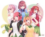  5girls absurdres ahoge bangs blue_cardigan blue_eyes blunt_bangs blush bow breasts brown_hair claw_pose cleavage collared_shirt commentary_request da-cart dress_shirt eyebrows_visible_through_hair finger_to_mouth go-toubun_no_hanayome green_ribbon grin hair_between_eyes hair_ornament hair_ribbon headphones headphones_around_neck heart highres large_breasts long_hair long_sleeves looking_at_viewer m multiple_girls nakano_ichika nakano_itsuki nakano_miku nakano_nino nakano_yotsuba one_eye_closed open_mouth orange_hair pink_hair redhead ribbon shirt short_hair skirt smile star star_hair_ornament thighs tied_sweater white_shirt 