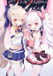  2girls animal_ears ayanami_(azur_lane) ayanami_(troubled_star_idol)_(azur_lane) azur_lane bangs bare_shoulders black_choker blue_bow blue_skirt bow breasts choker commentary_request detached_sleeves eyebrows_visible_through_hair frilled_skirt frills glowstick hair_between_eyes hair_bow hair_ornament hairband hairclip headgear headset high_ponytail highres holding_hands interlocked_fingers koko_ne_(user_fpm6842) laffey_(azur_lane) laffey_(halfhearted_bunny_idol)_(azur_lane) light_brown_hair long_hair long_sleeves looking_at_viewer multiple_girls pantyhose parted_lips pink_bow pink_skirt plaid plaid_bow plaid_skirt pleated_skirt ponytail rabbit_ears red_eyes red_hairband shirt silver_hair single_strap skirt sleeveless sleeveless_shirt small_breasts thigh-highs twintails very_long_hair white_legwear white_shirt white_sleeves wide_sleeves 