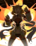  &gt;:) 1girl blonde_hair bodysuit breasts cowboy_shot elbow_gloves explosion gauntlets gloves headphones highres legs_apart medium_breasts scarf senki_zesshou_symphogear short_hair solo tachibana_hibiki_(symphogear) thighs william_shadden yellow_eyes 