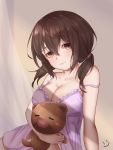  1girl bare_arms bare_shoulders black_hair breasts brown_eyes character_request collarbone commentary_request copyright_request hair_ornament highres large_breasts long_hair looking_at_viewer nightgown object_hug smile smile_(dcvu7884) smiley_face stuffed_animal stuffed_toy teddy_bear twintails upper_body 