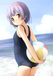  1girl arms_behind_back ass ball bangs bare_arms bare_shoulders black_swimsuit blue_sky blush breasts brown_eyes closed_mouth clouds commentary_request day eyebrows_visible_through_hair from_side hairband highres holding holding_ball horizon looking_at_viewer looking_to_the_side ocean old_school_swimsuit one-piece_swimsuit original outdoors purple_hair red_hairband school_swimsuit shibacha short_hair sky small_breasts smile solo swimsuit water 
