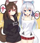  2girls animal_ear_fluff animal_ears bangs black_choker black_hoodie blue_eyes blue_hair blush brown_background brown_hair choker collarbone commentary_request dog_ears dog_tail dotted_line eyebrows_visible_through_hair fang grin hair_between_eyes highres hood hood_down hoodie long_hair looking_at_viewer mizuki_ryuu multicolored_hair multiple_girls off-shoulder_shirt off_shoulder open_mouth original plaid plaid_skirt pleated_skirt red_eyes red_skirt shirt silver_hair skirt smile streaked_hair tail translation_request two-tone_background very_long_hair violet_eyes white_background white_shirt 