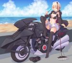  1girl artoria_pendragon_(all) artoria_pendragon_(swimsuit_rider_alter) b7669726 bangs beach bikini black_bikini black_jacket black_legwear blonde_hair breasts broom cleavage clouds cloudy_sky commentary_request fate/grand_order fate_(series) food frills full_body ground_vehicle hair_between_eyes highres holding holding_broom jacket looking_at_viewer maid_bikini maid_headdress medium_breasts motor_vehicle motorcycle navel no_shoes ocean open_clothes outdoors popsicle ribbon shoes_removed short_hair sitting sky solo swimsuit thigh-highs tongue tongue_out water yellow_eyes 