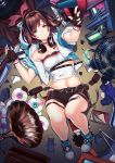  1girl a.i._channel baiyin bandeau bangs belt black_belt black_gloves black_shorts blue_hoodie bow breasts brown_hair cd crop_top electricity eyebrows_visible_through_hair fingerless_gloves from_above gloves hairband headphones headphones_around_neck highres hood hoodie kizuna_ai lying midriff mouse multicolored_hair navel on_back open_clothes open_hoodie outstretched_arm phonograph pink_bow pink_hair pink_hairband pink_ribbon pouch ribbon short_shorts short_sleeves shorts small_breasts solo streaked_hair stuffed_animal stuffed_toy swept_bangs teddy_bear torn_ribbon virtual_youtuber white_shorts 