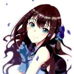  1girl blue_eyes blue_flower blue_gloves brown_hair earrings floating_hair flower from_side gloves hair_between_eyes hair_flower hair_ornament idolmaster idolmaster_cinderella_girls jewelry long_hair looking_at_viewer petals shibuya_rin shiki_(0802makimari) shiny shiny_hair simple_background sleeves smile solo upper_body white_background 