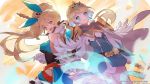  2017 2girls aqua_eyes armor bare_back bare_shoulders blonde_hair breasts closed_mouth commentary copyright_name cygames dragalia_lost elisanne fire_emblem fire_emblem_heroes fjorm_(fire_emblem_heroes) gloves gradient_hair long_hair long_ponytail looking_at_viewer medium_breasts multicolored_hair multiple_girls nintendo official_art open_mouth ponytail short_hair smile very_long_hair violet_eyes white_gloves white_hair 