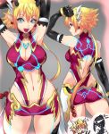  1girl arm_strap armor ass azami_(xenoblade) blonde_hair blue_eyes blush breasts cleavage gloves highres looking_at_viewer negresco nintendo open_mouth pointy_ears short_hair simple_background smile solo thigh-highs xenoblade_(series) xenoblade_2 zakuro_(xenoblade) 