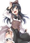  1girl alternate_costume arm_up asashio_(kantai_collection) bangs black_hair blue_eyes blush bow buttons commentary_request dress dress_lift ebifurya eyebrows_visible_through_hair frills hair_between_eyes hair_bow hairband highres kantai_collection long_hair long_sleeves looking_at_viewer open_mouth panties salute side-tie_panties simple_background smile solo standing string_panties thigh_strap underwear white_background 