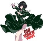  1girl absurdres arms_up black_dress black_hair dress fingernails fubuki_(one-punch_man) green_dress green_eyes highres jewelry lips lipstick long_fingernails makeup necklace one-punch_man parted_lips pearl_necklace short_hair side_slit simple_background solo standing telekinesis white_background yamashita_shun&#039;ya 