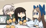  3girls ahoge asakaze_(kantai_collection) bangs black_hair blue_bow blue_eyes blue_hakama blue_neckwear blue_sailor_collar blunt_bangs bow brown_eyes closed_eyes collared_shirt commentary_request cream_puff dated flying_sweatdrops food forehead fur-trimmed_sleeves fur_trim furisode green_jacket hair_bow hakama hamu_koutarou hatsuyuki_(kantai_collection) highres jacket japanese_clothes kantai_collection kimono light_brown_hair long_hair long_sleeves meiji_schoolgirl_uniform multiple_girls neck_ribbon neckerchief parted_bangs plate red_ribbon ribbon sailor_collar school_uniform serafuku shimushu_(kantai_collection) shirt short_hair sidelocks silver_hair sweater television trembling triangle_mouth upper_body wavy_hair white_kimono 