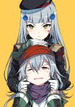  2girls bangs beret blunt_bangs blush brown_eyes cheek_pinching closed_mouth facial_mark g11_(girls_frontline) girls_frontline gloves green_eyes hair_ornament hat hk416_(girls_frontline) jacket long_hair long_sleeves multiple_girls one_eye_closed open_mouth orange_background pinching popped_collar ress scarf scarf_on_head silver_hair simple_background teardrop upper_body 