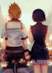  1boy 1girl back black_hair blonde_hair dual_wielding frilled_sleeves frills from_behind holding holding_weapon keyblade kingdom_hearts kingdom_hearts_iii light_particles roxas sera_(serappi) short_hair side-by-side sleeveless spiky_hair standing weapon wristband xion_(kingdom_hearts) 