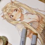  1girl bangs blonde_hair breasts cleavage eyebrows_visible_through_hair frills highres kawana_(spicaboy) long_hair marker_(medium) medium_breasts original photo see-through_sleeves short_sleeves simple_background solo striped traditional_media twintails upper_body white_background yellow_eyes 