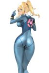  1girl ass ass_focus blonde_hair blue_bodysuit blue_eyes bodysuit breasts gloves high_ponytail highres impossible_bodysuit impossible_clothes j@ck long_hair looking_at_viewer metroid mole mole_under_mouth nintendo open_mouth ponytail samus_aran shiny shiny_clothes simple_background skin_tight solo super_smash_bros. white_background zero_suit 