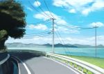  blue_sky clouds cloudy_sky day grass highres kasa_list lake mountain no_humans original outdoors power_lines railing road scenery shade sky telephone_pole tree water 