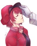 1boy 1girl ae-3803 ahoge black_shirt breasts cabbie_hat canal001 closed_eyes eyebrows_visible_through_hair gloves hat hataraku_saibou jacket lips long_sleeves medium_breasts parted_lips red_blood_cell_(hataraku_saibou) red_headwear red_jacket redhead shirt short_hair signature simple_background smile upper_body white_background white_blood_cell_(hataraku_saibou) white_gloves 