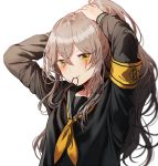  1girl armband bangs black_shirt blush breasts crossed_bangs girls_frontline grey_hair hair_between_eyes hair_tie_in_mouth holding holding_hair long_hair long_sleeves looking_at_viewer mouth_hold neckerchief one_side_up scar scar_across_eye shirt sidelocks silence_girl simple_background small_breasts smile solo ump45_(girls_frontline) upper_body white_background white_shirt yellow_eyes yellow_neckwear 