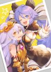  2girls ;d animal_ears bangs bare_shoulders blush bodysuit breasts capelet cleavage elbow_gloves frills fur_trim gloves granblue_fantasy hair_between_eyes hair_ribbon headpiece large_breasts lavender_hair long_hair looking_at_viewer low_twintails medusa_(shingeki_no_bahamut) multiple_girls one_eye_closed open_mouth orange_eyes photo_(object) pointy_ears purple_hair ribbon satyr_(granblue_fantasy) shingeki_no_bahamut smile star twintails v very_long_hair violet_eyes yumekui 