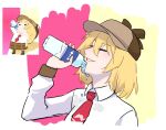  blonde_hair blush bottle chibi closed_eyes collared_shirt crmanzana failure from_side hair_between_eyes hat holding holding_bottle hololive hololive_english medium_hair necktie parted_lips red_necktie reference_inset shirt smile upper_body water_bottle watson_amelia wet wet_clothes wet_shirt white_shirt wing_collar 