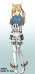  1girl abukuma_(kantai_collection) arms_behind_back blonde_hair blue_background blue_eyes blue_shirt breast_pocket character_name collared_shirt commentary_request cosplay double_bun full_body gambier_bay_(kantai_collection) gambier_bay_(kantai_collection)_(cosplay) gloves gradient gradient_background hair_rings highres kantai_collection long_hair looking_at_viewer multicolored multicolored_clothes negahami o3o pocket shirt short_sleeves solo standing thigh-highs twintails white_background white_gloves white_legwear 