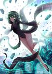  1girl adsouto artist_name black_dress blush breasts closed_mouth covered_navel curly_hair dress floating full_body glowing glowing_eyes green_eyes green_hair high_heels highres no_panties one-punch_man pelvic_curtain short_hair side_slit small_breasts solo tatsumaki telekinesis 