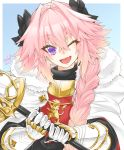  1boy armor astolfo_(fate) bangs black_bow bow braid cloak commentary_request eyebrows_visible_through_hair fang fate/apocrypha fate_(series) fur-trimmed_cloak fur_collar fur_trim hair_bow hair_intakes haoro highres holding holding_sword holding_weapon lion_print long_braid long_hair looking_at_viewer male_focus multicolored_hair one_eye_closed open_mouth pink_hair signature single_braid skin_fang smile solo streaked_hair sword trap violet_eyes weapon 